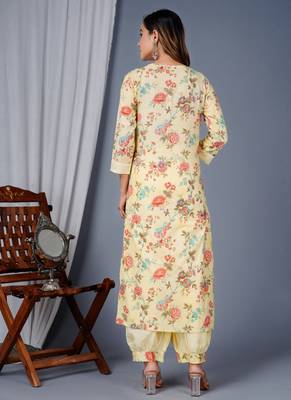 Yellow cotton printed & embroidered work straight kurta bottom & dupatta set 2