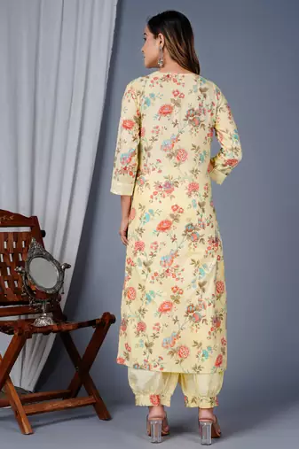 Yellow cotton printed & embroidered work straight kurta bottom & dupatta set