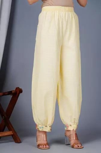 Yellow cotton printed & embroidered work straight kurta bottom & dupatta set