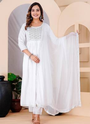 White rayon printed & embroidered work straight kurta bottom & dupatta set 1