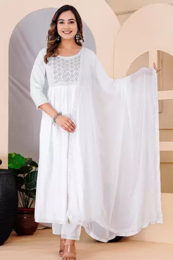 White rayon printed  & embroidered work straight kurta bottom & dupatta set