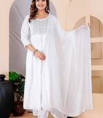 White rayon printed  & embroidered work straight kurta bottom & dupatta set