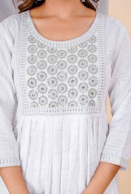 White rayon printed & embroidered work straight kurta bottom & dupatta set 2