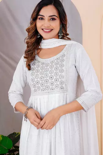 White rayon printed & embroidered work straight kurta bottom & dupatta set