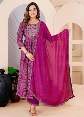 Purple rayon printed & embroidered work straight kurta bottom & dupatta set 1