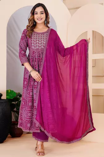 Purple rayon printed  & embroidered work straight kurta bottom & dupatta set