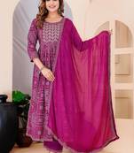 Purple rayon printed  & embroidered work straight kurta bottom & dupatta set
