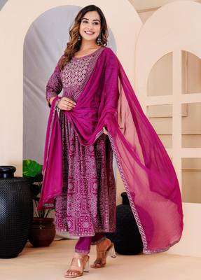 Purple rayon printed & embroidered work straight kurta bottom & dupatta set 3
