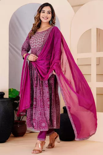 Purple rayon printed & embroidered work straight kurta bottom & dupatta set