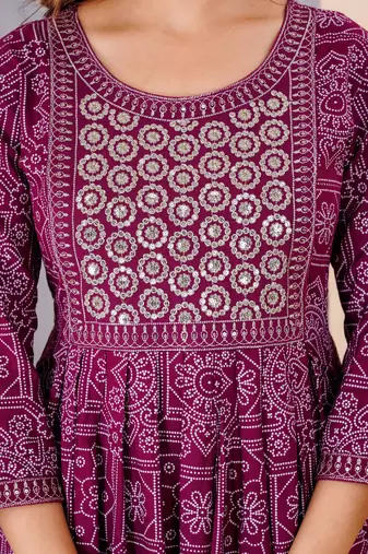 Purple rayon printed & embroidered work straight kurta bottom & dupatta set