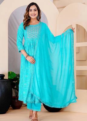 Turquise blue rayon printed & embroidered work straight kurta bottom & dupatta set 1