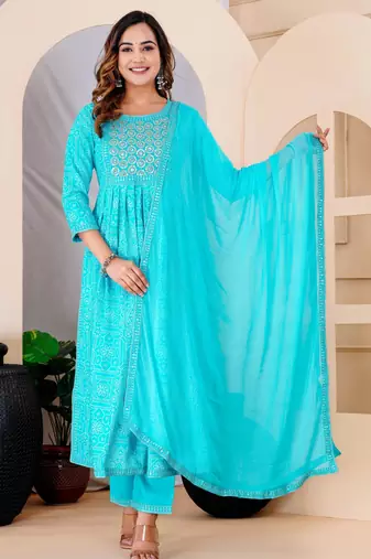 Turquise blue rayon printed  & embroidered work straight kurta bottom & dupatta set