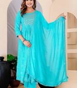 Turquise blue rayon printed  & embroidered work straight kurta bottom & dupatta set