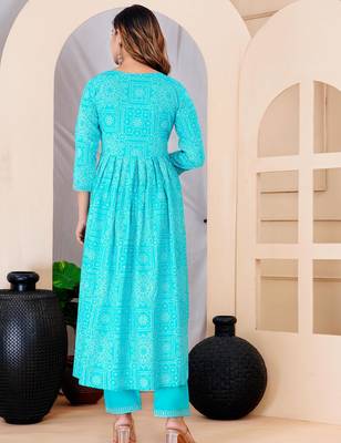 Turquise blue rayon printed & embroidered work straight kurta bottom & dupatta set 2