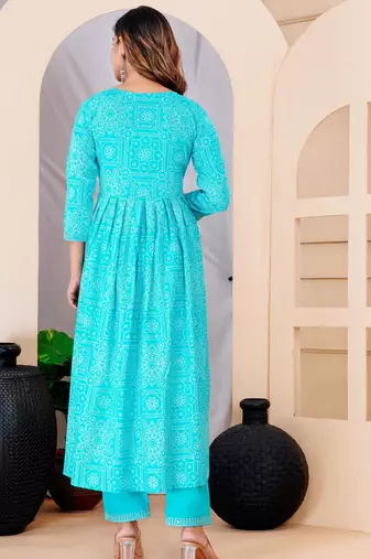 Turquise blue rayon printed & embroidered work straight kurta bottom & dupatta set