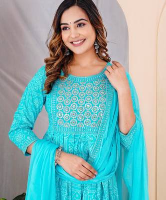Turquise blue rayon printed & embroidered work straight kurta bottom & dupatta set 3