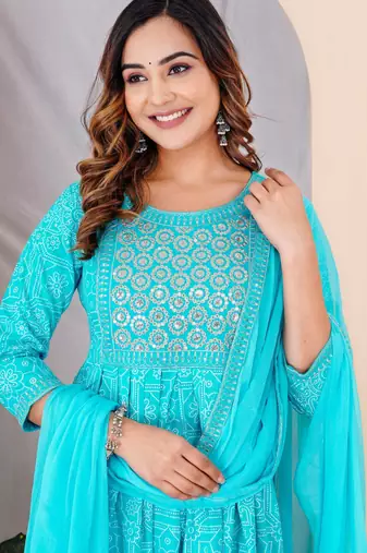 Turquise blue rayon printed & embroidered work straight kurta bottom & dupatta set
