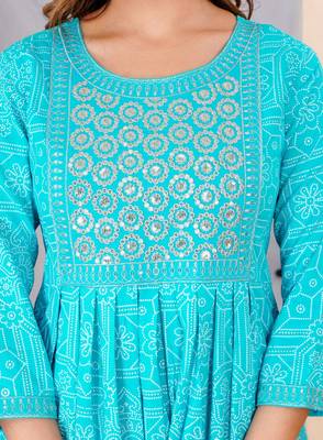 Turquise blue rayon printed & embroidered work straight kurta bottom & dupatta set 4