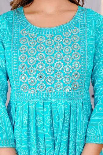 Turquise blue rayon printed & embroidered work straight kurta bottom & dupatta set