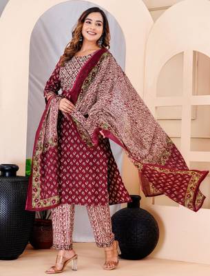 Mahroon cotton printed & embroidered work straight kurta bottom & dupatta set 1