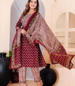Mahroon cotton printed & embroidered work straight kurta bottom & dupatta set