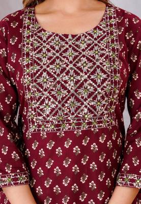 Mahroon cotton printed & embroidered work straight kurta bottom & dupatta set 2