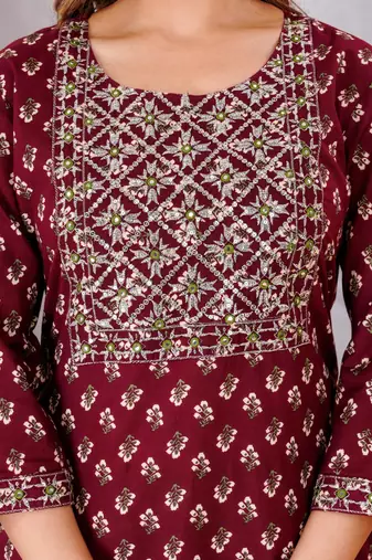 Mahroon cotton printed & embroidered work straight kurta bottom & dupatta set