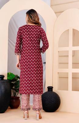 Mahroon cotton printed & embroidered work straight kurta bottom & dupatta set 5