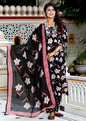 Black cotton printed & embroidered work straight kurta bottom & dupatta set 1