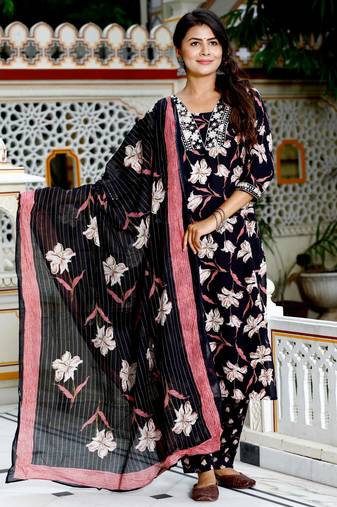 Black cotton printed & embroidered work straight kurta bottom & dupatta set