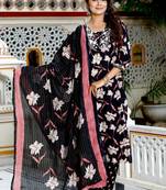 Black cotton printed & embroidered work straight kurta bottom & dupatta set