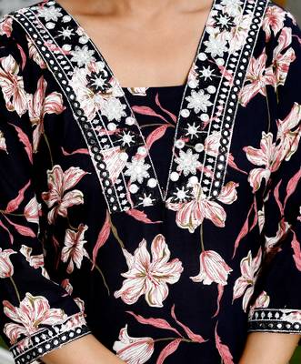 Black cotton printed & embroidered work straight kurta bottom & dupatta set 3