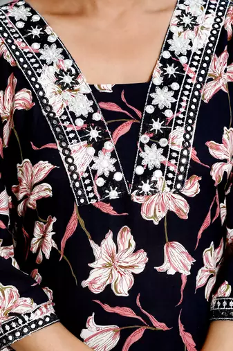 Black cotton printed & embroidered work straight kurta bottom & dupatta set