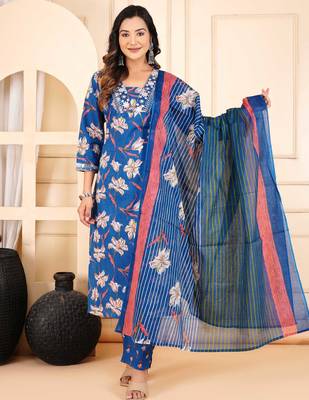 Blue cotton printed & embroidered work straight kurta bottom & dupatta set 1