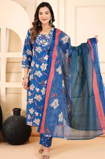 Blue cotton printed & embroidered work straight kurta bottom & dupatta set