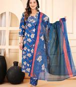 Blue cotton printed & embroidered work straight kurta bottom & dupatta set