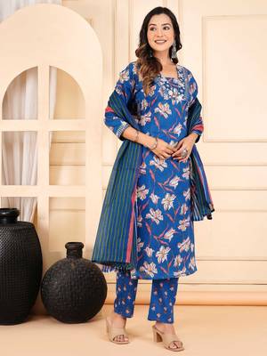 Blue cotton printed & embroidered work straight kurta bottom & dupatta set 2