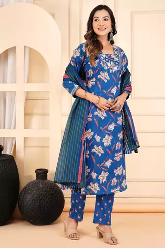 Blue cotton printed & embroidered work straight kurta bottom & dupatta set