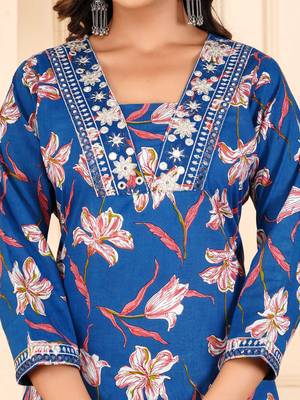 Blue cotton printed & embroidered work straight kurta bottom & dupatta set 3