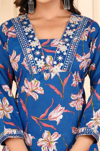 Blue cotton printed & embroidered work straight kurta bottom & dupatta set