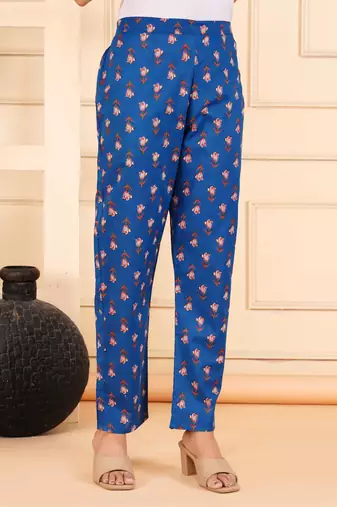 Blue cotton printed & embroidered work straight kurta bottom & dupatta set
