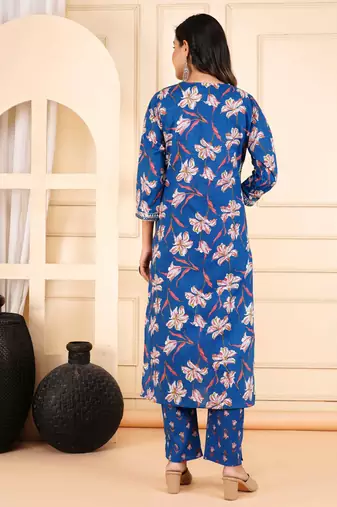 Blue cotton printed & embroidered work straight kurta bottom & dupatta set