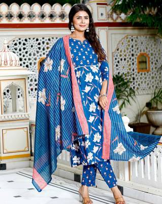 Blue cotton printed & hand work straight kurta bottom & dupatta set 1