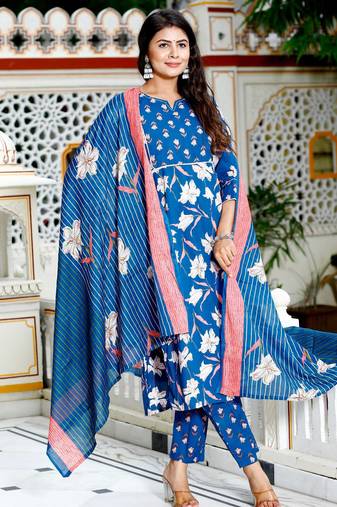 Blue cotton printed & hand work straight kurta bottom & dupatta set
