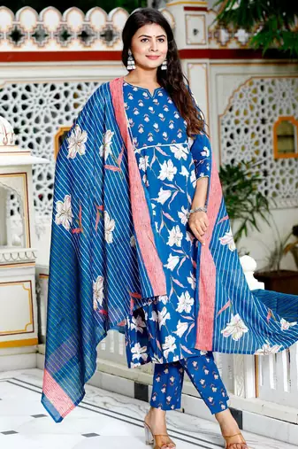 Blue cotton printed & hand work straight kurta bottom & dupatta set