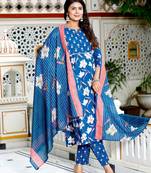 Blue cotton printed & hand work straight kurta bottom & dupatta set