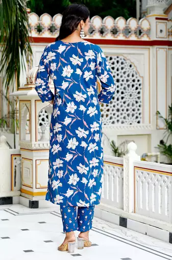 Blue cotton printed & hand work straight kurta bottom & dupatta set