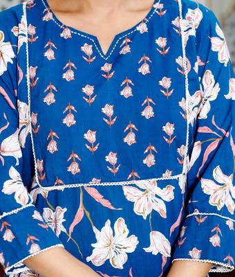 Blue cotton printed & hand work straight kurta bottom & dupatta set 3