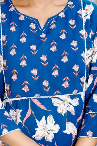Blue cotton printed & hand work straight kurta bottom & dupatta set