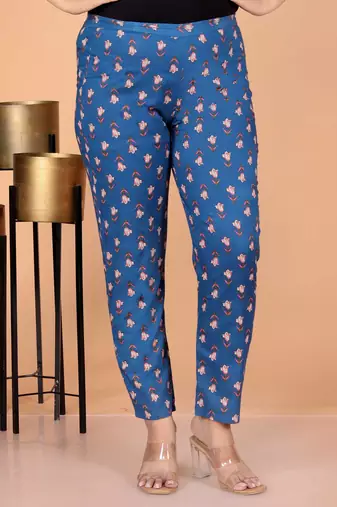 Blue cotton printed & hand work straight kurta bottom & dupatta set